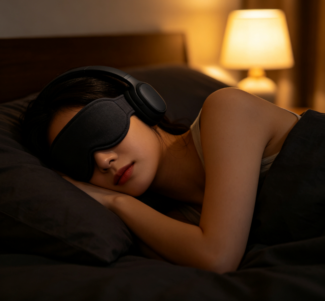 Bluetooth Sleep Headphones with Eye Mask, Ultra Thin Flat Speakers Soft Elastic Headband for Side Sleepers, Washable Music Sleep Mask