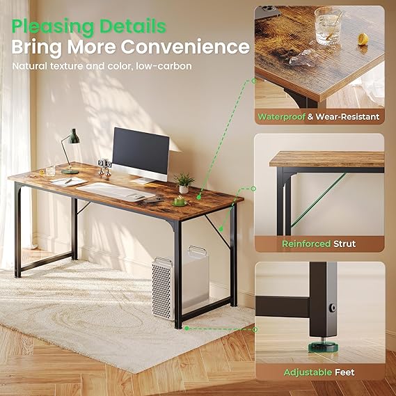 Modern Office Desk Computer Desk Writing Table Home Office Workstation Study Desk with Sturdy Metal Frame Wooden Desktop for Home and Office