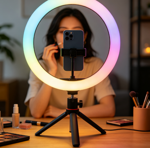 10 Inch RGB Ring Light with Adjustable Tripod Stand & Phone Holder, Dimmable Color Changing Selfie Light for Makeup Live Stream Video Shoot